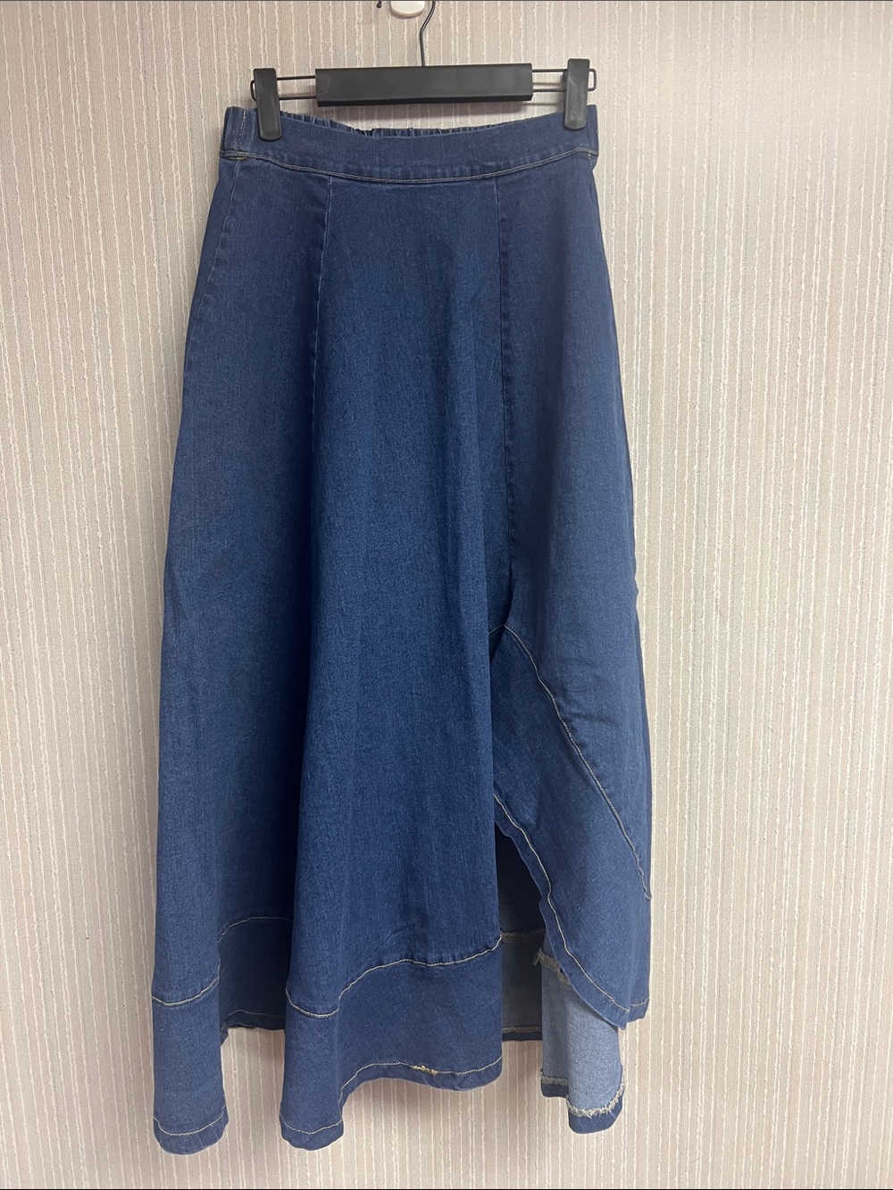 S Flying Tomato Dark Blue Paneled Denim Midi Skirt